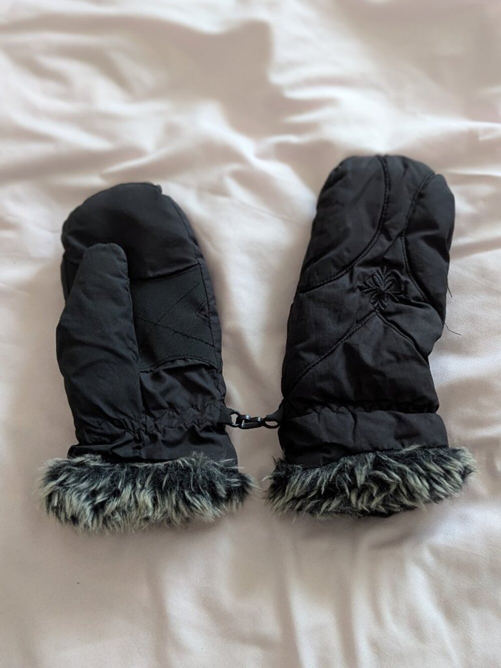 Black Faux Fur Trim Quilted Mittens M